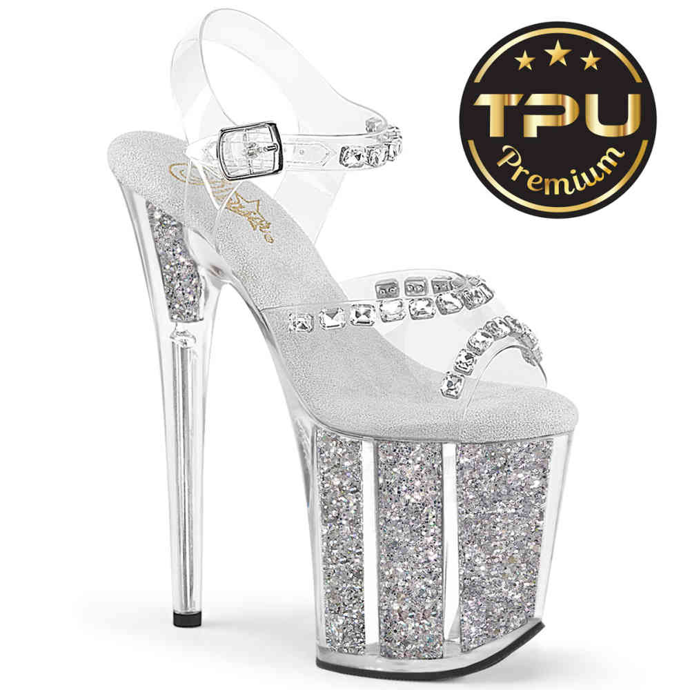 Pleaser - FLAMINGO-808PREM-STN Sandaal met enkelband, Paaldans schoenen - Transparant
